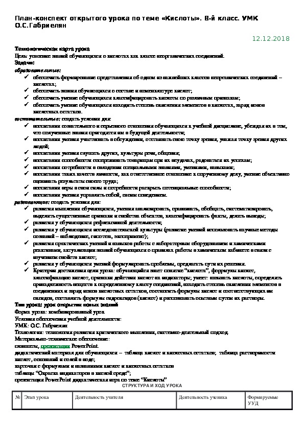 План-конспект открытого урока по теме «Кислоты». 8-й класс. УМК О.С.Габриелян