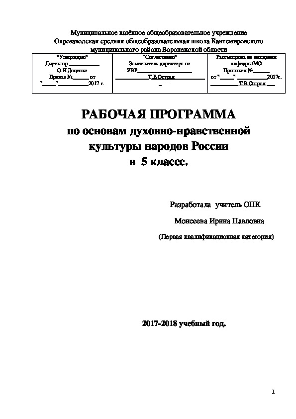 РАБОЧАЯ ПРОГРАММА по основам духовно-нравственной культуры народов России в  5 классе.