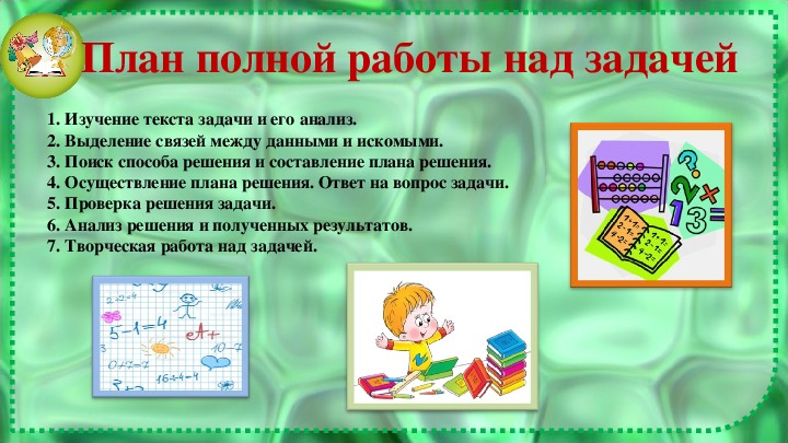 Над задачей. Алгоритм работы над заданием. План решения текстовой задачи. Как составить план решения задачи. План работы над задачей 1 класс.