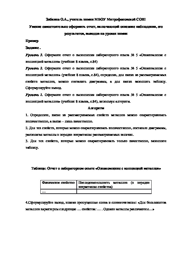 Обложка для материала Умение самостоятельно оформить отчет, включающий описание наблюдения, его результатов, выводов на уроках химии