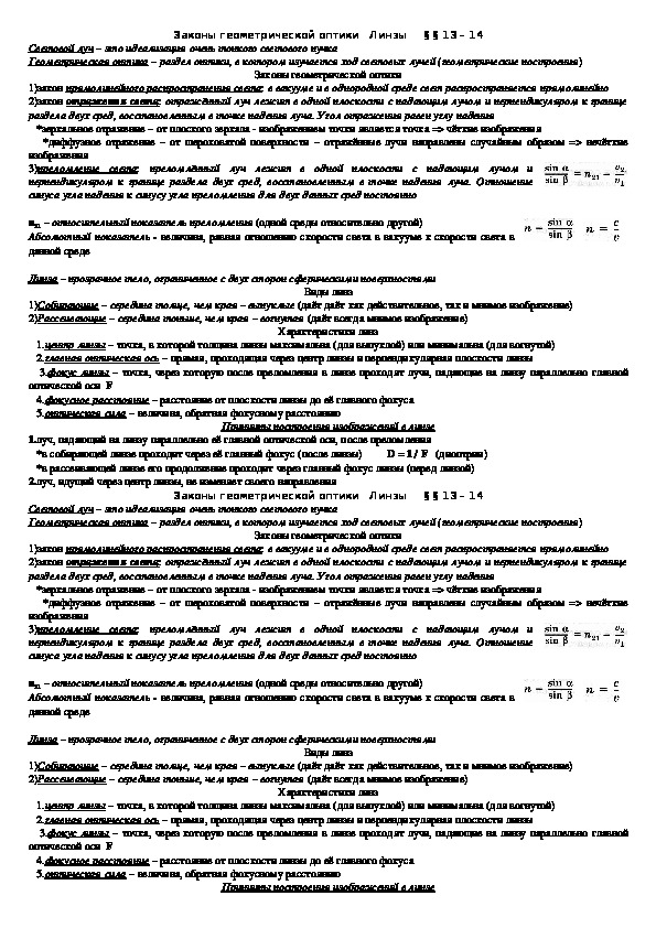 Опорный конспект "Законы геометрической оптики" 11 класс