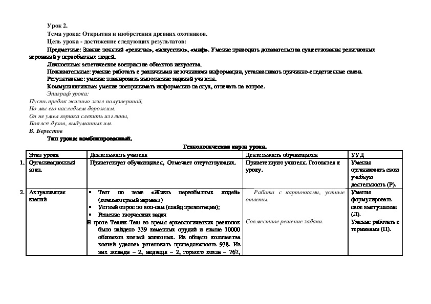 Конспект урока по истории "Искусство и религия первобытных людей" (5 класс)