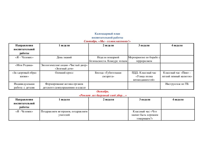Воспитательный план классного руководителя 7 класс