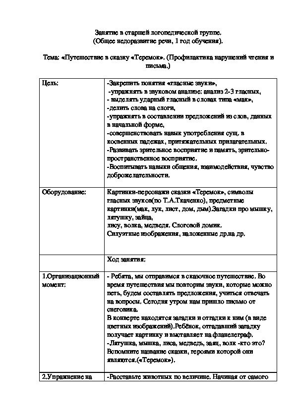 Конспект занятия в старшей логопедической группе. «Путешествие в сказку «Теремок». (Профилактика нарушений чтения и письма.)