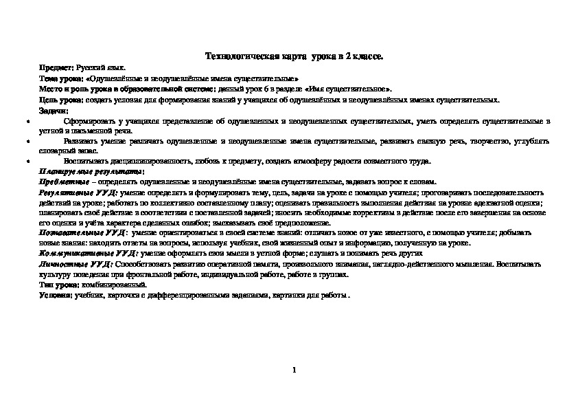 Технологическая карта  урока в 2 классе. Предмет: Русский язык. Тема урока: «Одушевлённые и неодушевлённые имена существительные»