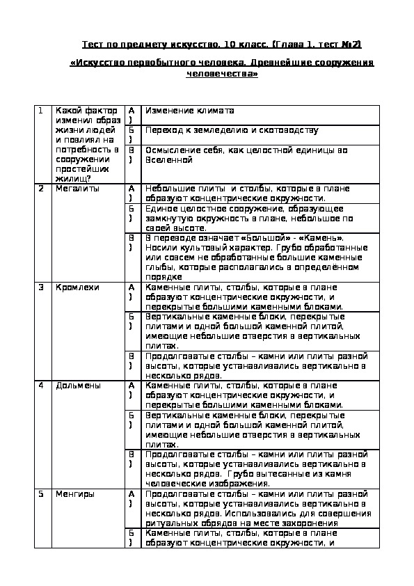 Тест «Древнейшие сооружения человечества» (10 класс, искусство)
