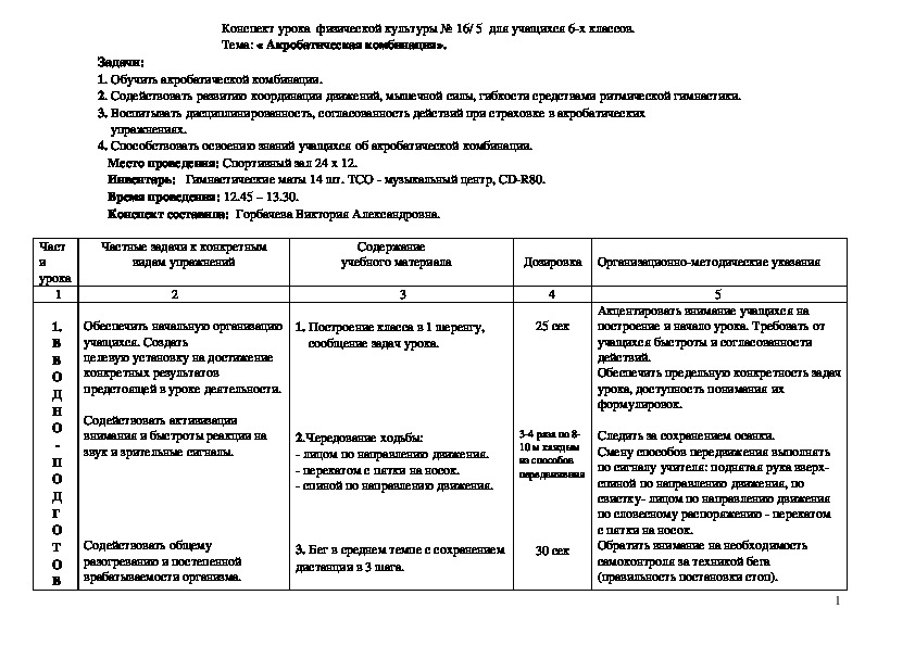 План конспект урока по фитнесу в школе