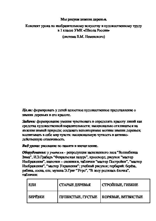 Обложка для материала Конспект урока "Мы рисуем зимние деревья" 1 класс (система Б.М. Неменского)