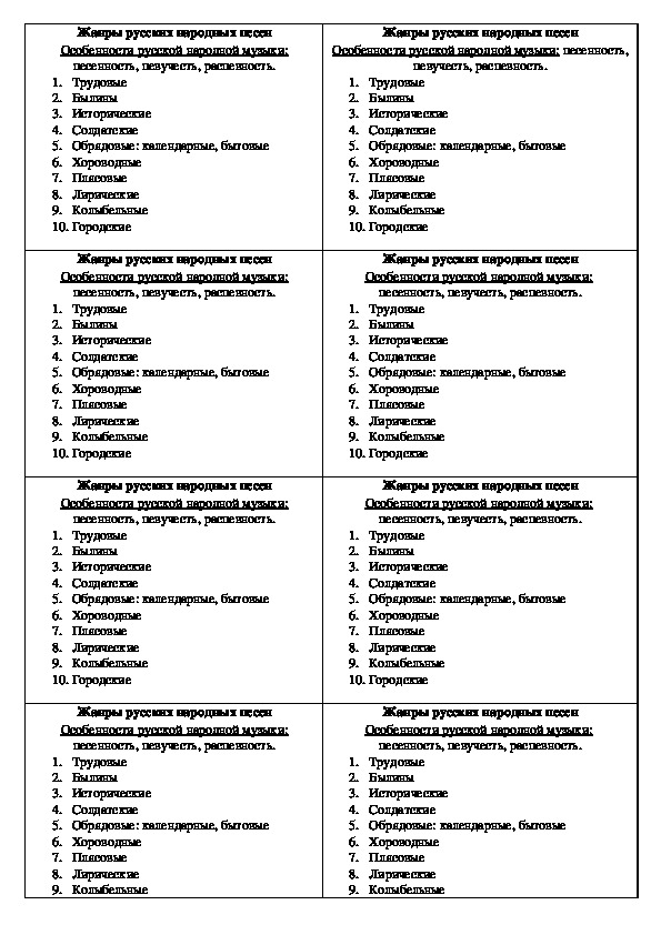 Раздаточный материал  по музыке "Жанры русских народных песен" (3-5 класс, музыка)