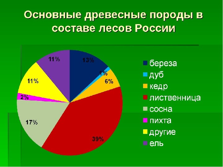 Создайте круговую диаграмму доля пород деревьев в общей площади лесов россии