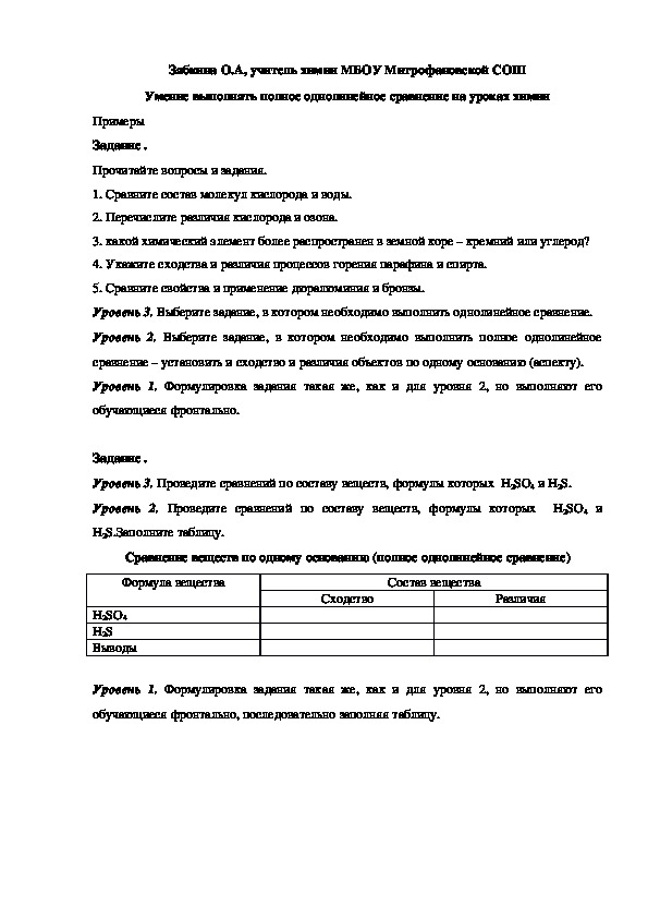 Обложка для материала Умение выполнять полное однолинейное сравнение на уроках химии