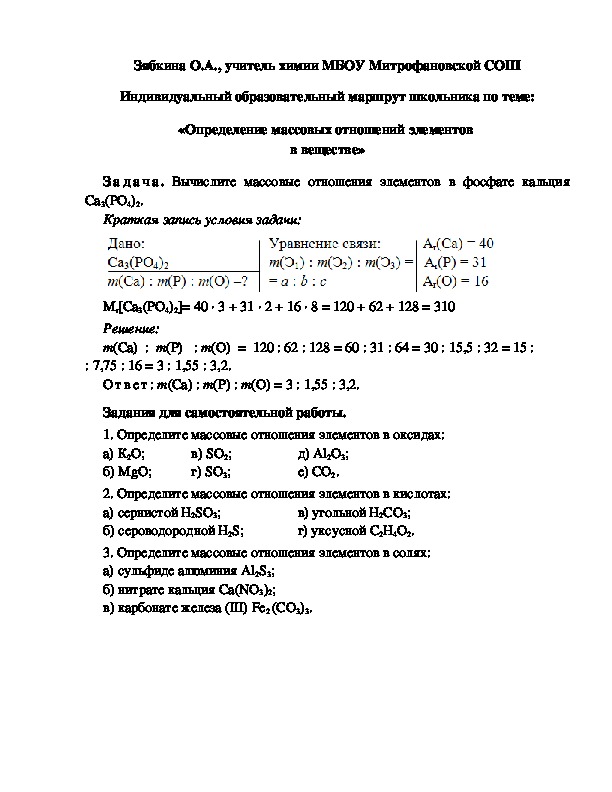 Обложка для материала Индивидуальный образовательный маршрут школьника по теме: «Определение массовых отношений элементов  в веществе»