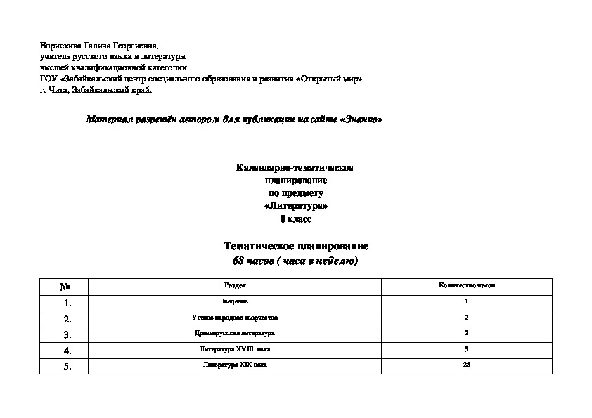 Обложка для материала Календарно-тематическое планирование по предмету «Литература» 8 класс