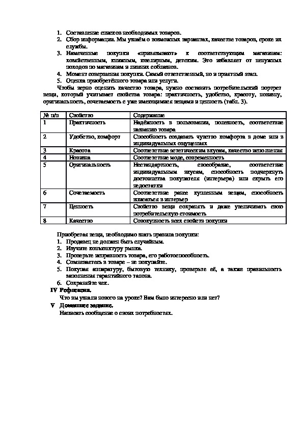 Технология 5 класс таблица потребности моей семьи