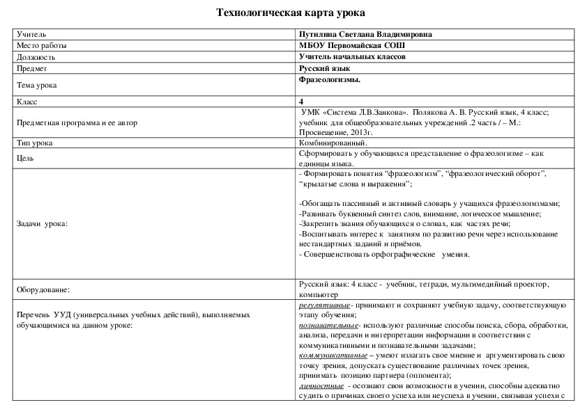 Урок русского языка "Фразеологизмы" (4 класс)