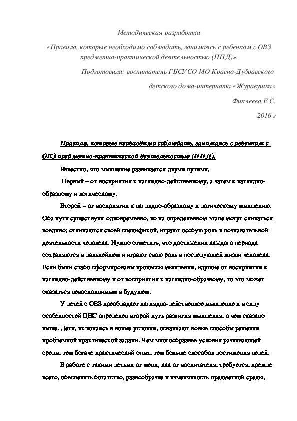 Методическая разработка «Правила, которые необходимо соблюдать, занимаясь с ребенком с ОВЗ предметно-практической деятельностью (ППД)».