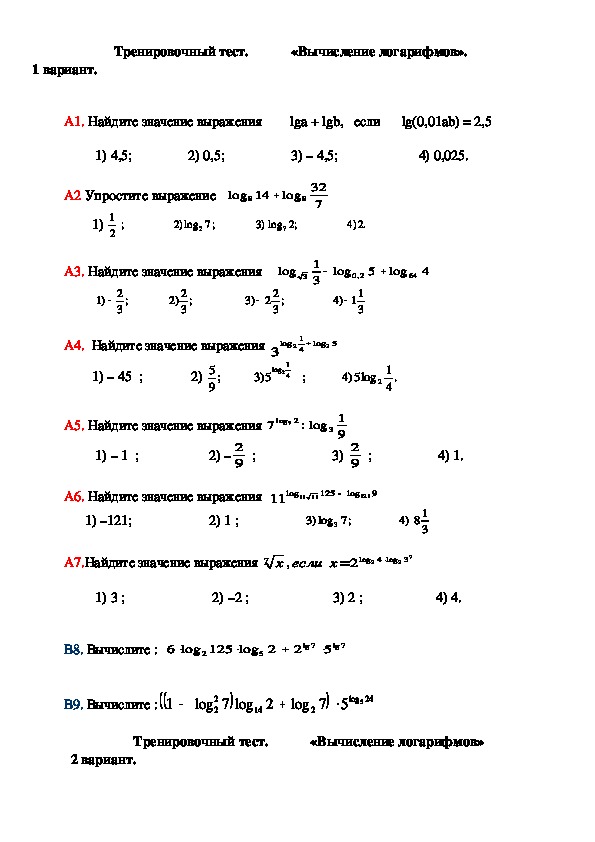 Тест по теме "Вычисления логарифмов" (11 класс)