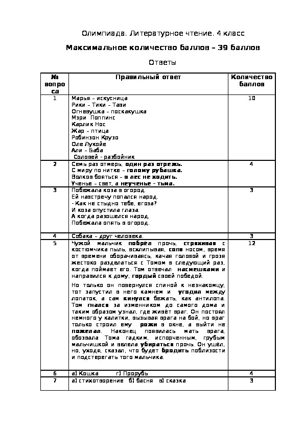 Олимпиада. Литературное чтение. 4 класс. Ответы