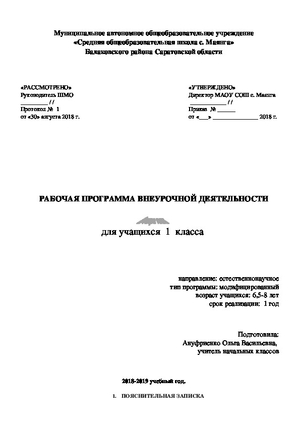 Рабочая программа внеурочной деятельности. В мире книг. 1 класс