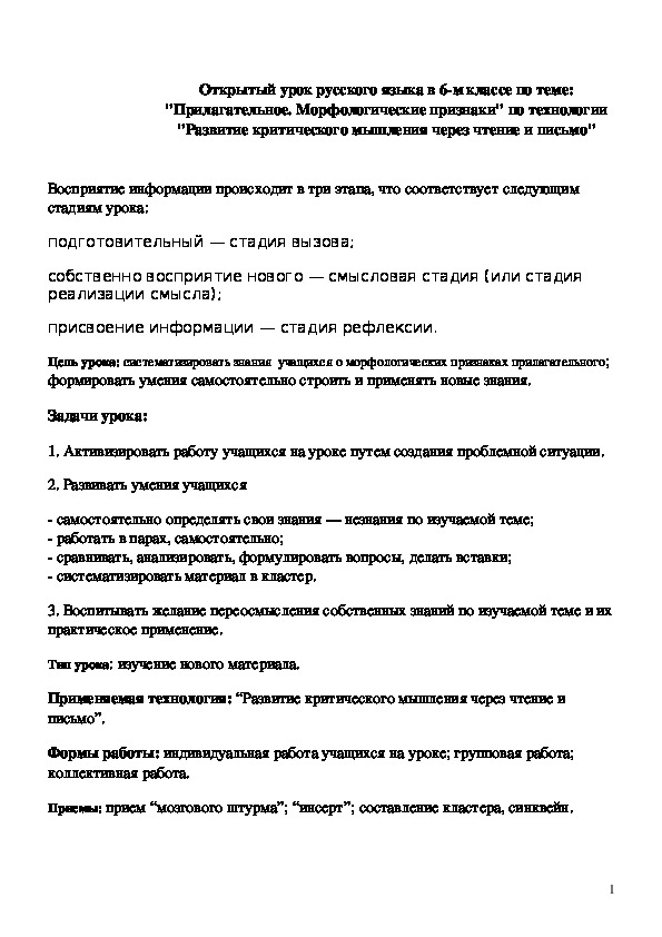 Обложка для материала ﻿ Открытый урок "Прилагательное. Морфологические признаки" 6 класс