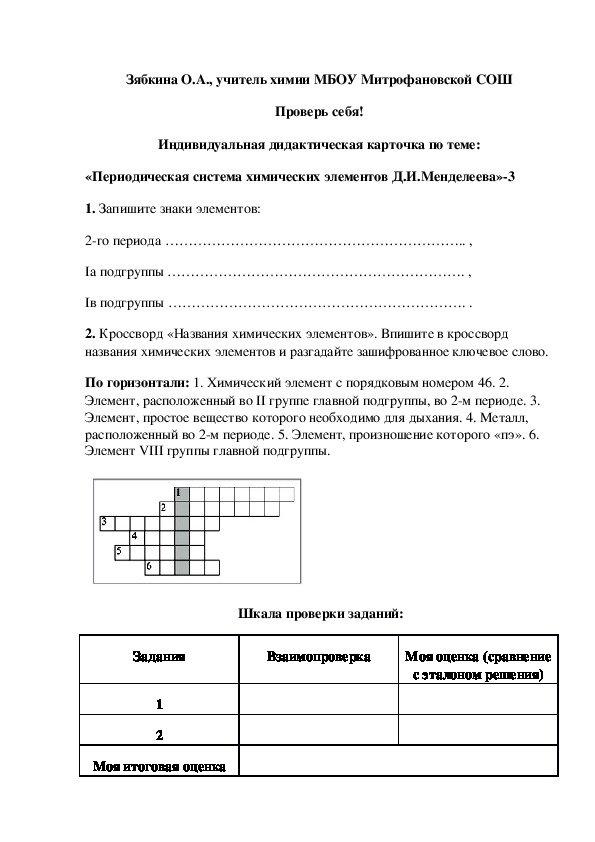 Обложка для материала Проверь себя! Индивидуальная дидактическая карточка по теме: «Периодическая система химических элементов Д.И.Менделеева»-3