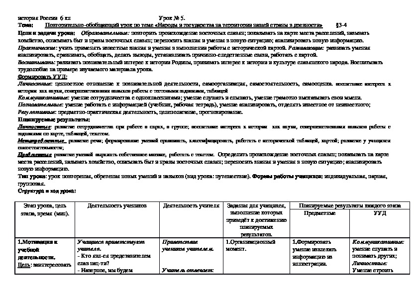 Повторительно-обобщающий урок в 6 классе по теме " Народы и государства на территории нашей страны в древности"