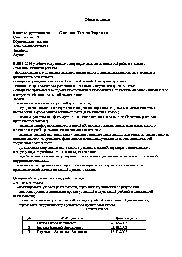 План воспитательной работы 9 класс