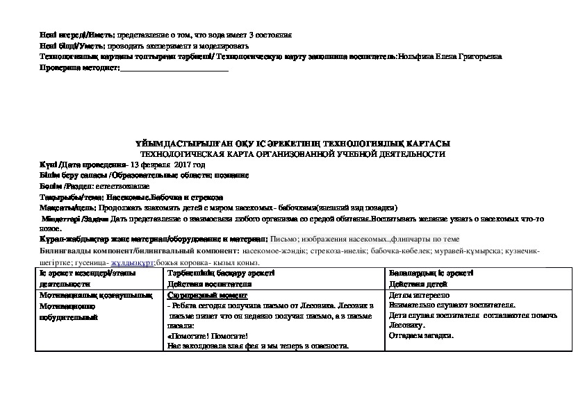 Технологическая карта по естествознанию