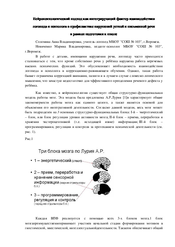 Статья на тему: "Нейропсихологический подход как интегрирующий фактор взаимодействия логопеда и психолога в профилактике нарушений устной и письменной речи в рамках подготовки к школе"