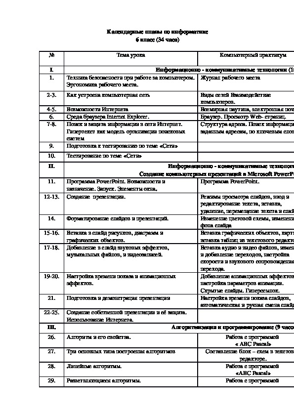 Календарный план по информатике (6 класс)