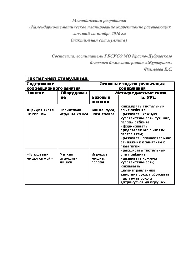 Методическая разработка «Календарно-тематическое планирование коррекционно¬ развивающих занятий на ноябрь 2016 г.» (тактильная стимуляция)