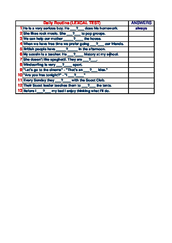 Excel - тест (корректирующий), тема Daily Routine (5-6 класс, английский язык)