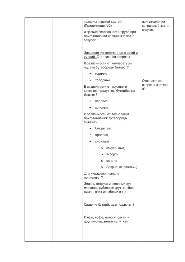 План урока производственного обучения по профессии повар