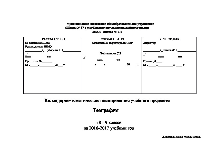 Планирование 8 класс. КТП шапка. КТП 7 класс география.