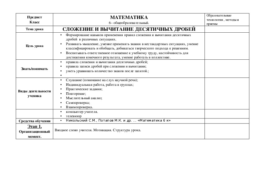 Конспект урока по матемаике на тему "Сложение и вычитание десятичных дробей."(6класс)