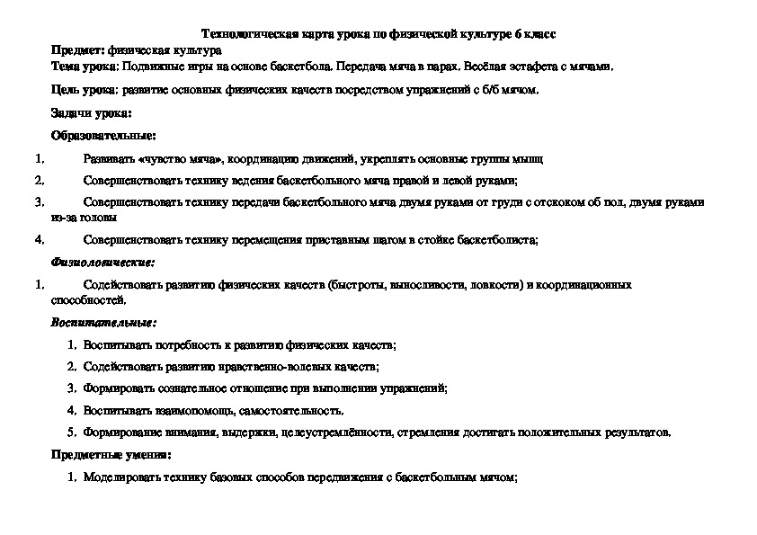 Технологическая карта урока по физкультуре "Подвижные игры на основе баскетбола"