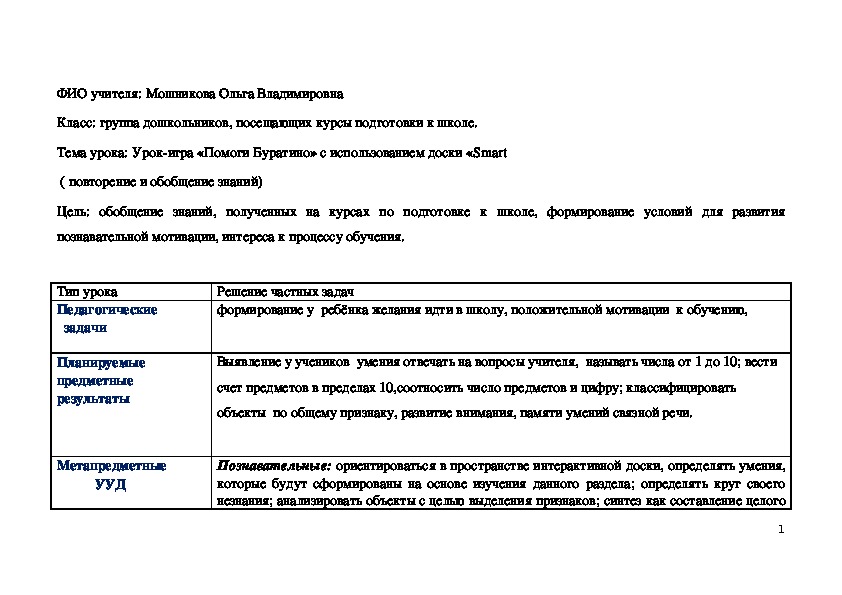 Урок-игра для будущих первоклассников "Помоги буратино" с использованием ИКТ