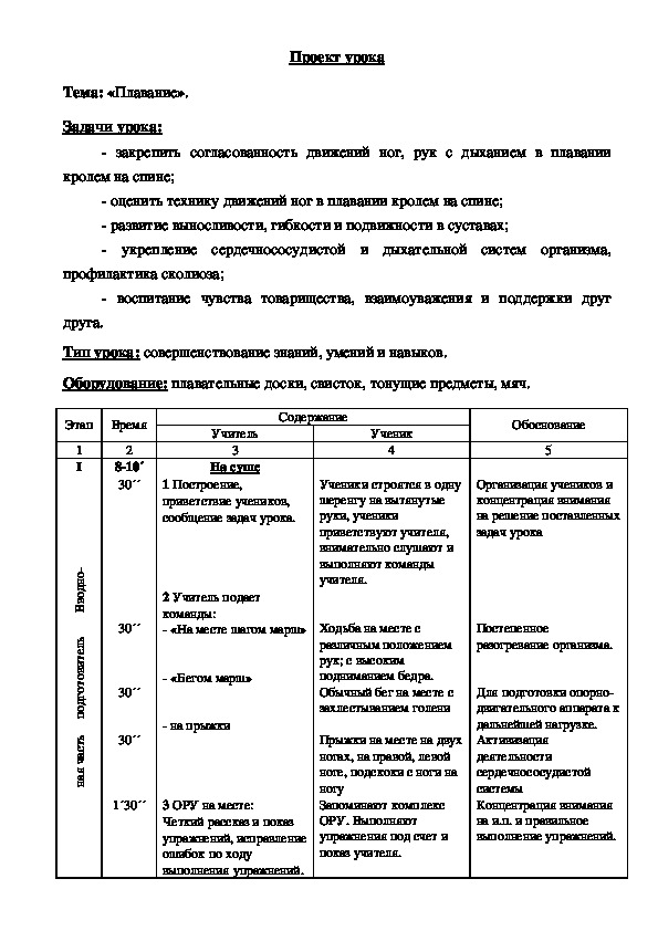 План конспект по плаванию