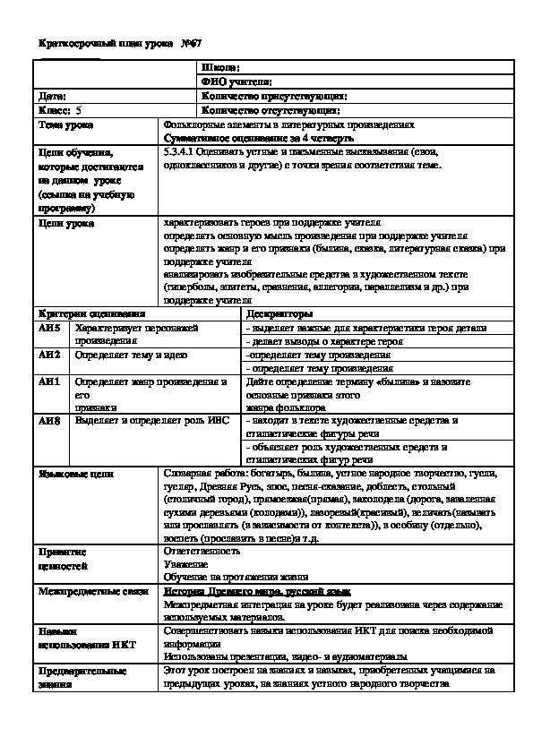 Обложка для материала Русская литература 5 класс Тема урока: "Фольклорные элементы в литературных произведениях " Суммативное оценивание за 4 четверть