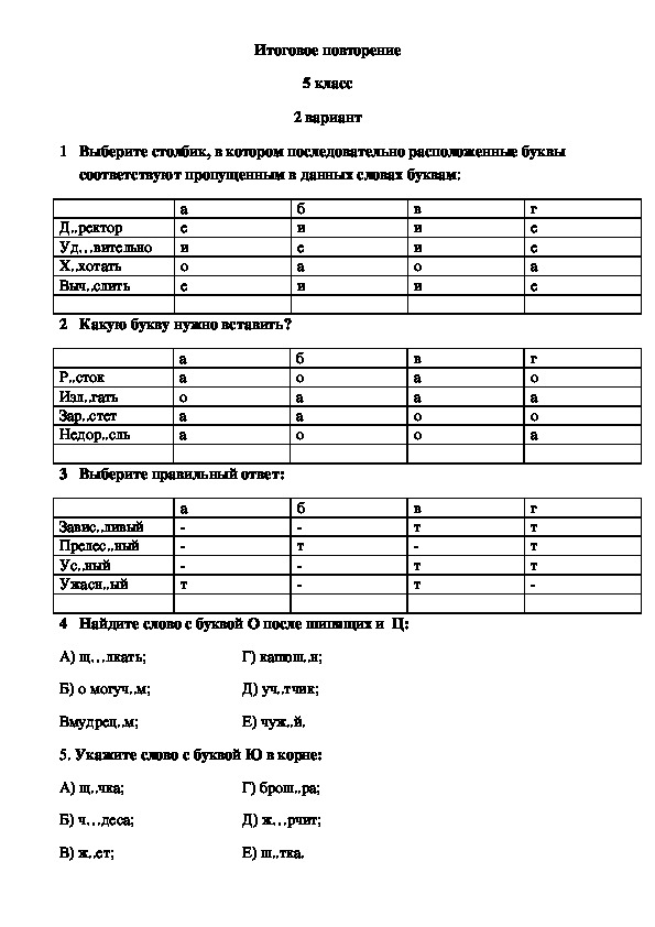 Тест по русскому языку на тему "Итоговое повторение" (5 класс)
