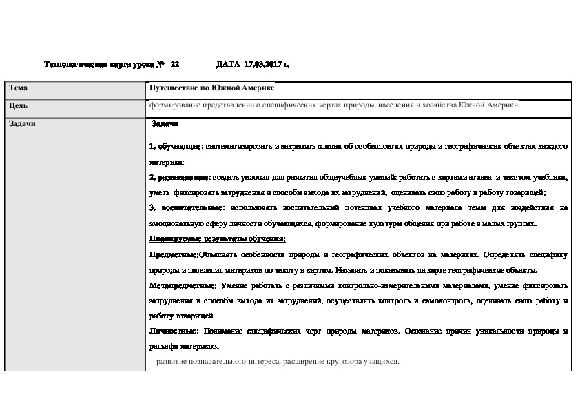 Путешествие по материкам 2 класс технологическая карта урока