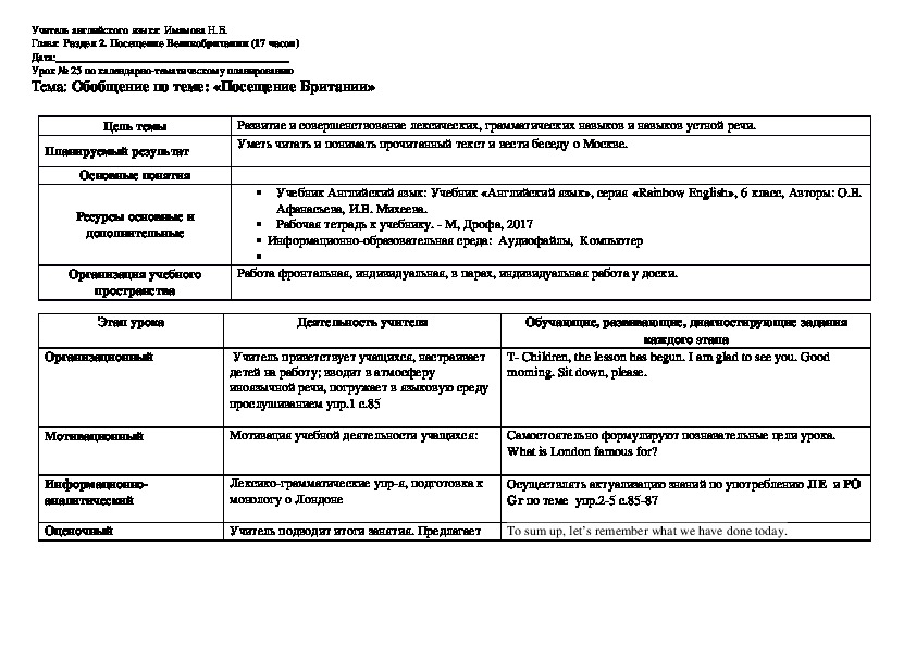 План-конспекты уроков (18-34) по английскому языку (6 класс, "Rainbow English")