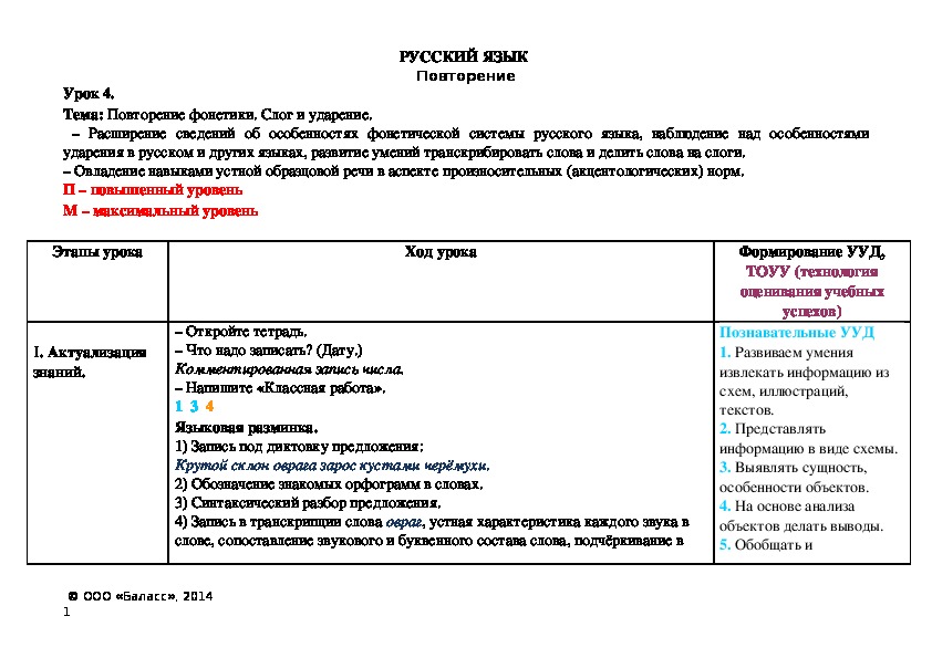 Тема: Повторение фонетики. Слог и ударение.  – Расширение сведений об особенностях фонетической системы русского языка, наблюдение над особенностями ударения в русском и других языках, развитие умений транскрибировать слова и делить слова на слоги. – Овладение навыками устной образцовой речи в аспекте произносительных (акцентологических) норм.