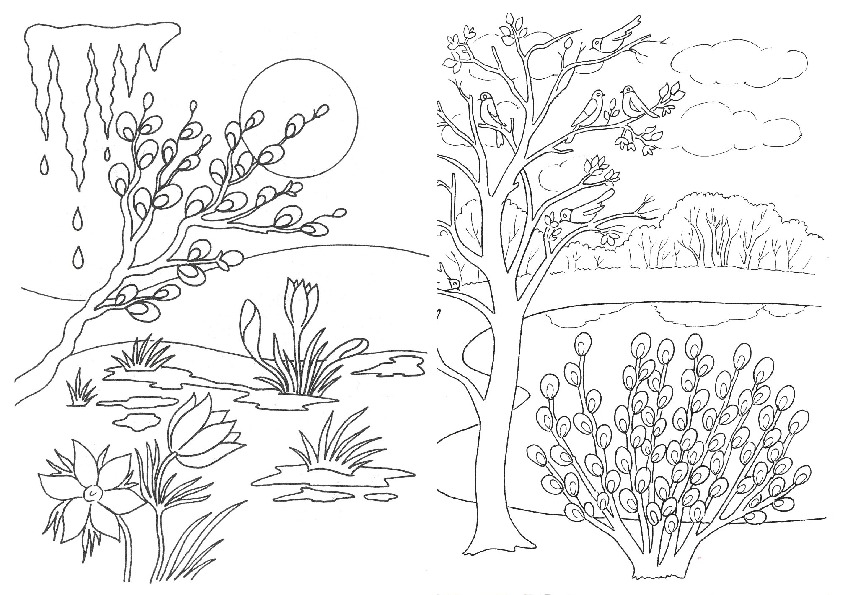 Тест весеннее пробуждение растений 2 класс. Весенний пейзаж раскраска. Весенний пейзаж раскраска для детей.