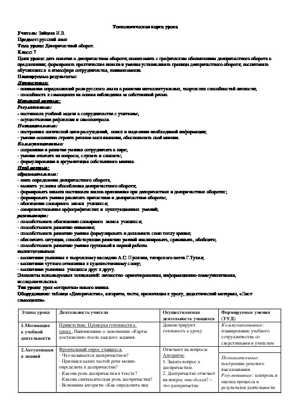 Конспект урока по русскому языку на тему "Деепричастный оборот" (7 класс)