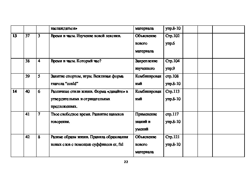 Поурочный план по английскому языку 5 класс