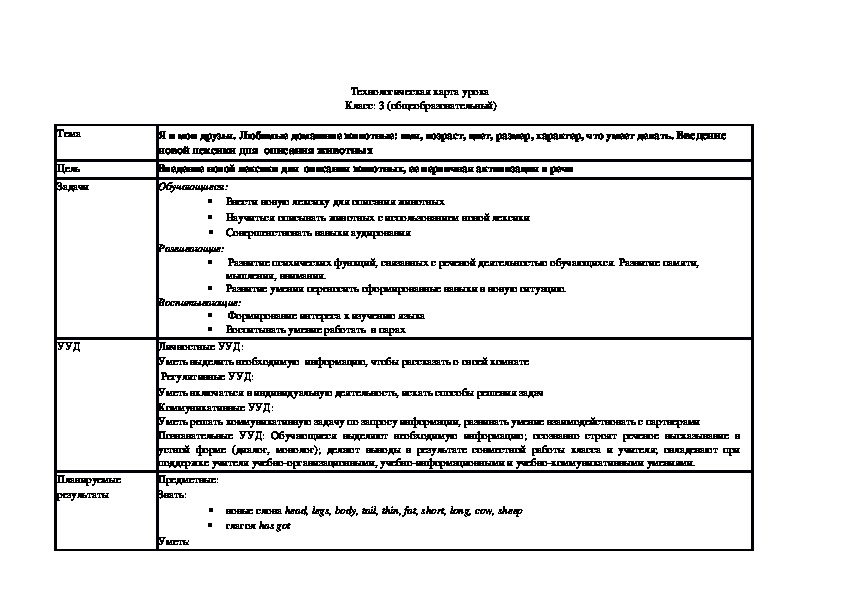 Технологическая карта урока английского языка на тему "Любимые домашние животные" к УМК "Английский в фокусе - 3" Н.И. Быкова, Д. Дули, М.Д. Поспелова, В. Эванс