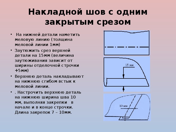 Закрытый шов. Настрочной шов с двумя закрытыми срезами. Шов накладной с закрытым срезом технология.