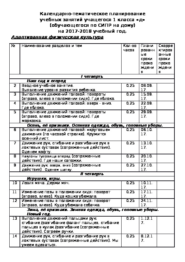 Календарно-тематическое планирование (Адаптивная физ. культура).