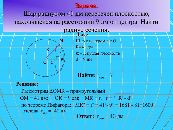 Найдите площадь поверхности сферы радиусом. Шар радиуса 41 дм. Шар радиуса 41 дм пересечен плоскостью. Шар радиус которого 41 дм пересечен. Шар радиуса 41 дм пересечен плоскостью находящейся на расстоянии 9 дм.
